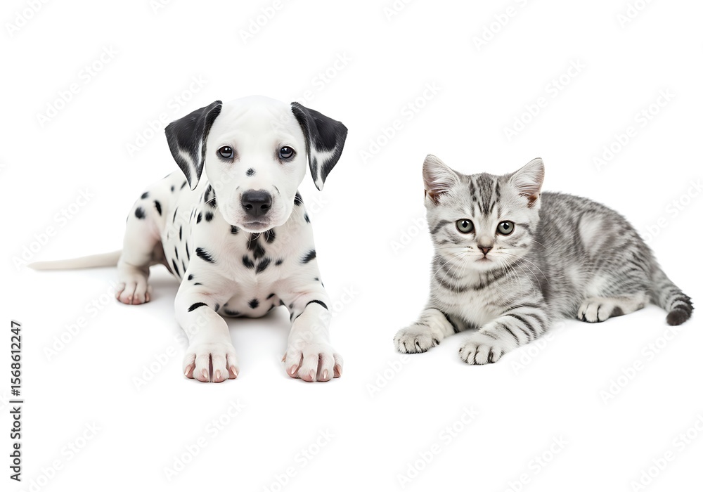 Fototapeta premium Adorable Dalmatian Puppy and Kitten Against White Background. Generative Ai