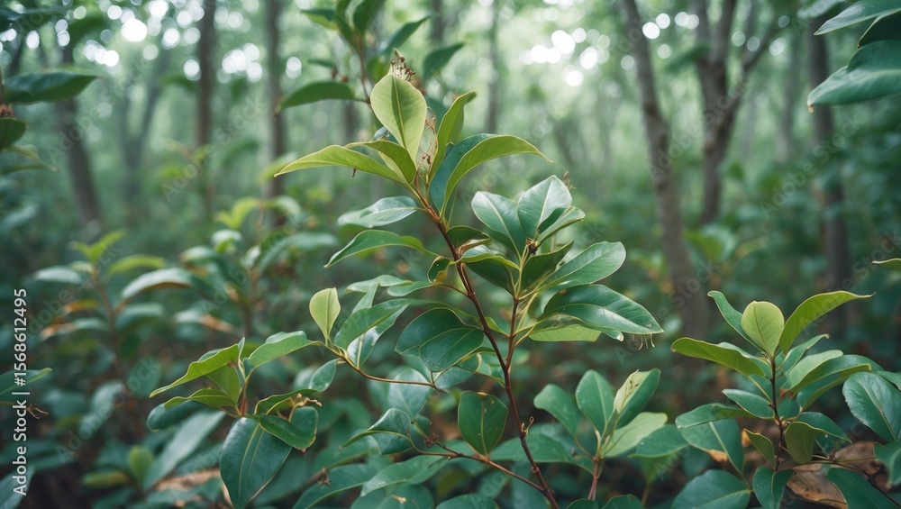 Fototapeta premium Green Albizia Leaves In The Forest Close Up with Empty Space for Text