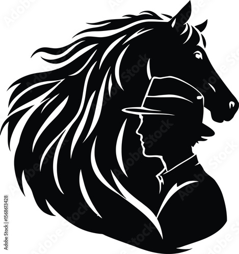 Black and white silhouette of a person in fedora hat blended with horse profile and flowing mane in artistic double exposure style on white background