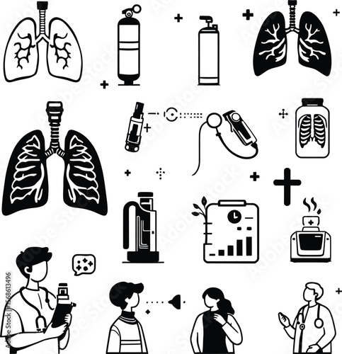 Minimal respiratory health and medical equipment icon set featuring lungs, oxygen tanks, inhalers, spirometer, clipboard, and patient care scenes on white background