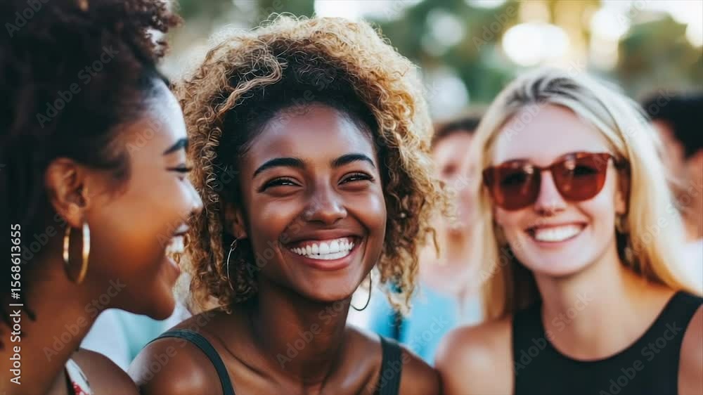 Three diverse women laughing, enjoying a social gathering outdoors. Close-up view of joyful expressions and connection Three diverse women laughing, enjoying a social gathering outdoors. Close-up view of joyful expressions and connection