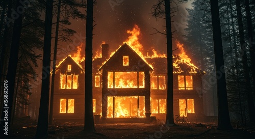 Devastating house fire consuming a residence surrounded by dark forest trees