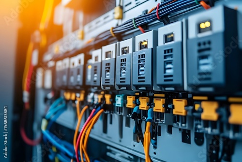 Modern Electrical Panel with Circuit Breakers and Colorful Cables in Close-Up