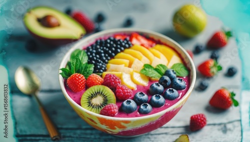 Fototapeta Naklejka Na Ścianę i Meble -  Selective focus of colorful acai bowl with fresh fruits and berries, with empty copy space for text