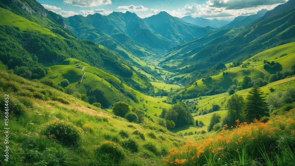 Fototapeta premium Panorama of Green Mountain Countryside