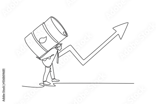 Businessman carrying an oil drum. world commodities and oil concept. Single line draw design. Vector graphic illustration