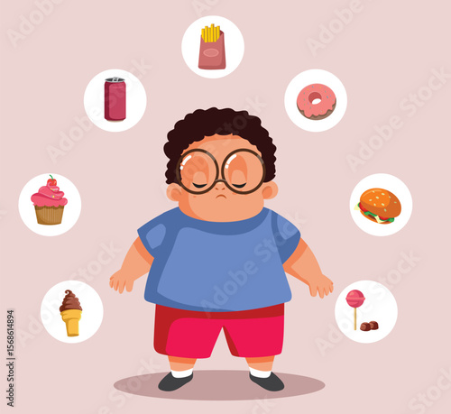 Unhappy Overweight Child Suffering from Eating Unhealthy vector Illustration. Sad stressed kid suffering from childhood obesity problems
