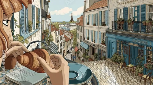 Relaxing parisian cafe scene with coffee and croissant digital art illustration aesthetic view