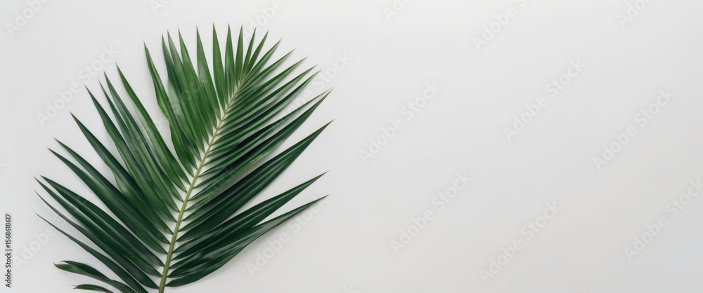 Obraz premium Green palm leaf on white background. Nature and botanical concept. Tropical plant and foliage. The image highlights greenery and plant life.
