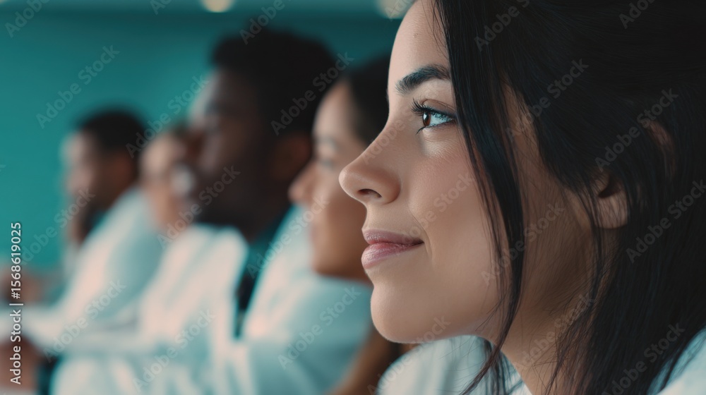 Fototapeta premium Close Up of Young Woman with Blue Eyes and Black Hair Smiling Du Conference or Seminar with Diverse ence Members in Background