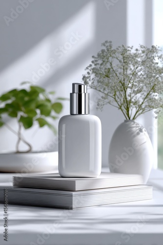Minimalist white rectangular perfume bottle with silver spray cap on stack of white books next to vases with green plants in bright modern interior