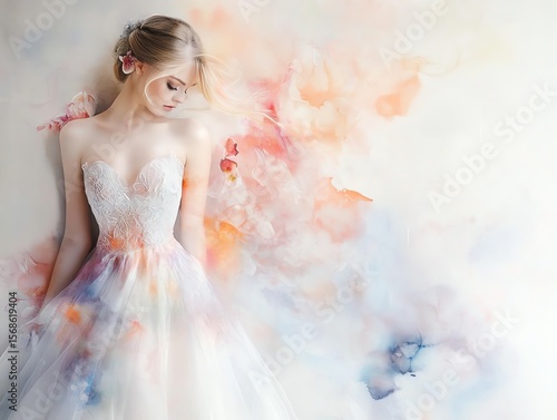 A serene portrait of a woman in a delicate dress surrounded by soft watercolor tones, exuding elegance and tranquility.