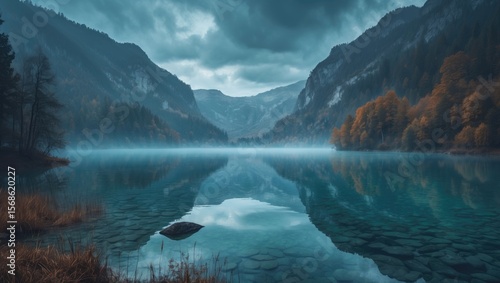 Fototapeta Naklejka Na Ścianę i Meble -  Serene lake landscape surrounded by mountains with mist and cloudy sky. Nature scene with water, trees, and distant hills. Tranquil outdoor environment.