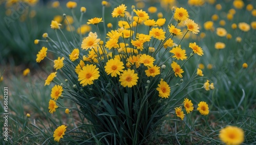 Cluster of yellow flowers in a garden with green grass background.