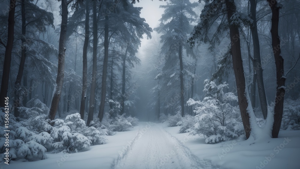 Naklejka premium Snow-covered forest with a path, winter landscape, cold weather, trees covered with snow, peaceful nature scene, foggy atmosphere, tranquil winter woods.