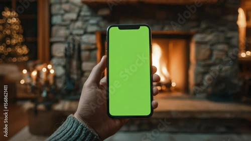 Smartphone with Green Screen by Cozy Fireplace and Christmas Tree in Living Room
