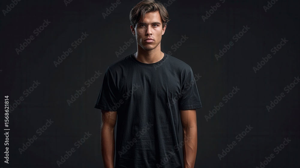 Naklejka premium Intensely gazing, dark-haired man in a dark t-shirt stands centered against a muted dark backdrop