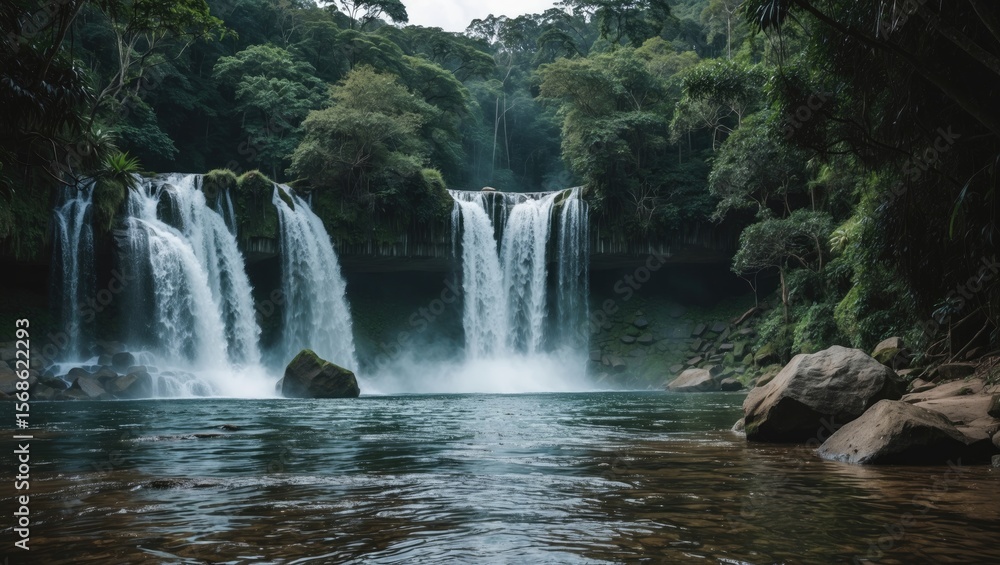 Naklejka premium Waterfalls in a lush forest setting with flowing water and rocks. Nature and landscape scene. Forest environment and scenic view. The concept of natural water features.