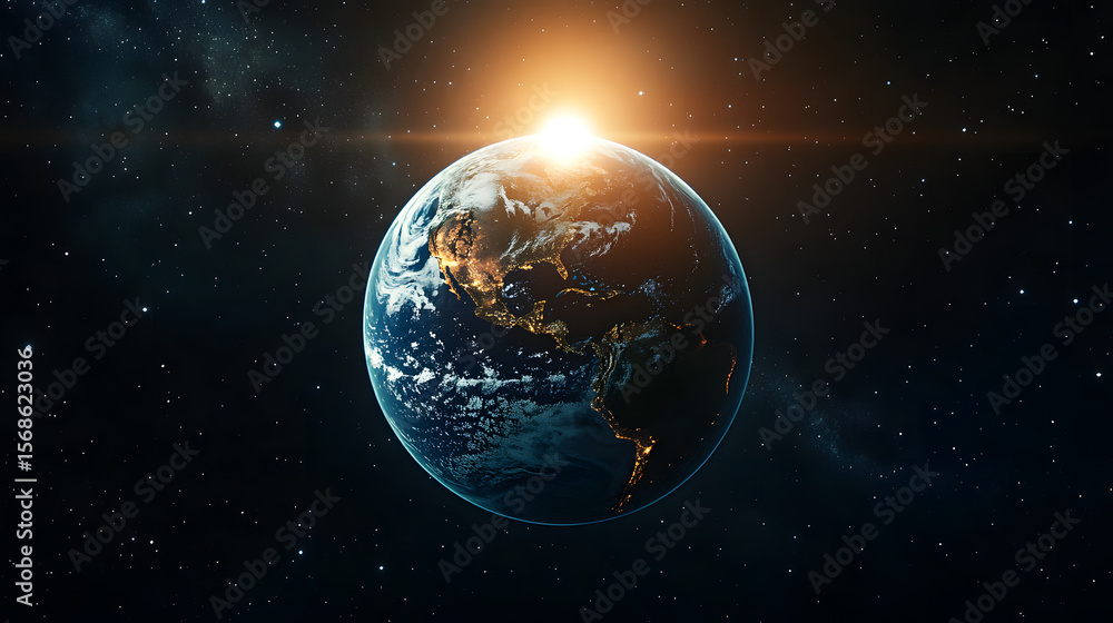 Fototapeta premium Earth in orbit with sun positioned directly behind equator, space background with stars, equal illumination of both hemispheres, balanced cosmic light
