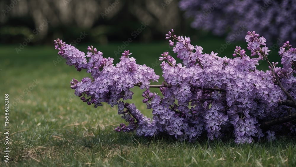 Obraz premium Purple lilac flowers lying on the grass in a garden.
