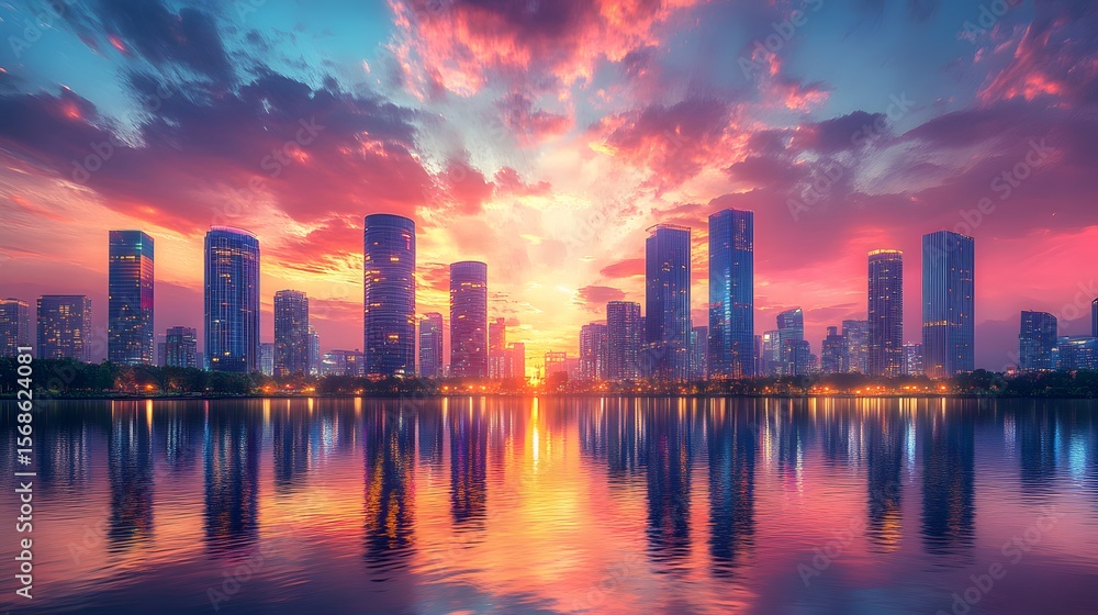 Fototapeta premium A vibrant cityscape at sunset creates a beautiful weather theme. Tall buildings reflect in the water, with a colorful sky filled with pink, orange, and blue hues over the skyline.