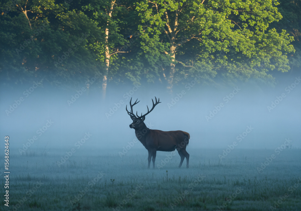 Obraz premium Deer in the Mist, Majestic stag with large antlers in an ethereal morning fog