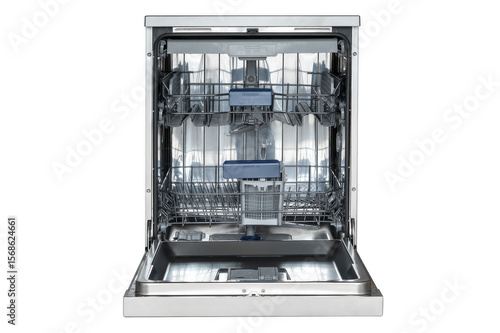 Bild auf Leinwand Open stainless steel dishwasher with empty racks and modern design on transparen