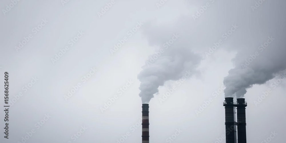 Gray sky choked by thick industrial smoke billowing from tall chimneys, factory chimney, dark sky Gray sky choked by thick industrial smoke billowing from tall chimneys, factory chimney, dark sky