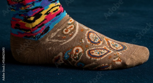 Close-up photograph of a pair of mismatched socks with different patterns, on a dark blue velvet wooden background.