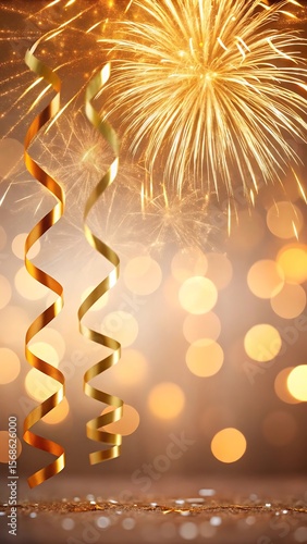 Golden ribbons fireworks bokeh celebration festive