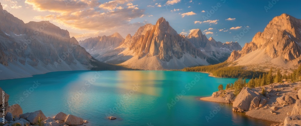 Obraz premium Scenic mountain landscape with a turquoise lake, rugged peaks, and a partly cloudy sky at sunset.