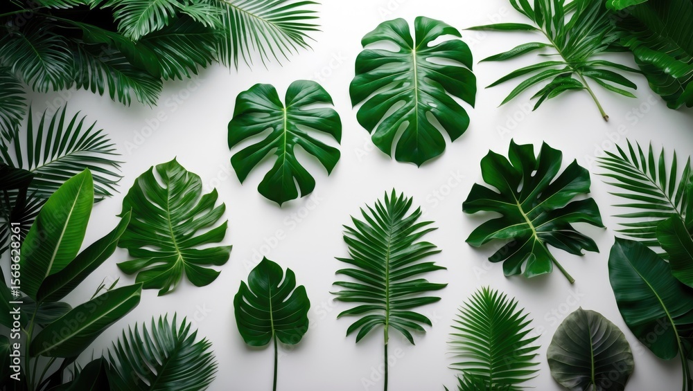 A variety of green tropical leaves arranged on a white background. A variety of green tropical leaves arranged on a white background.