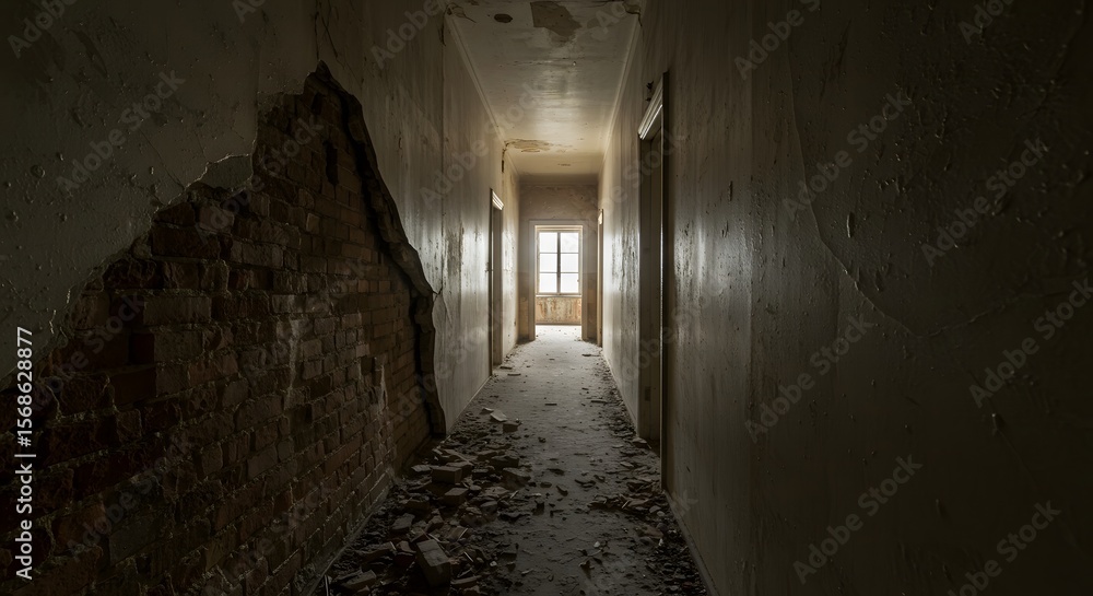Abandoned corridor with crumbling wall, showcasing decay and light. Abandoned corridor with crumbling wall, showcasing decay and light.