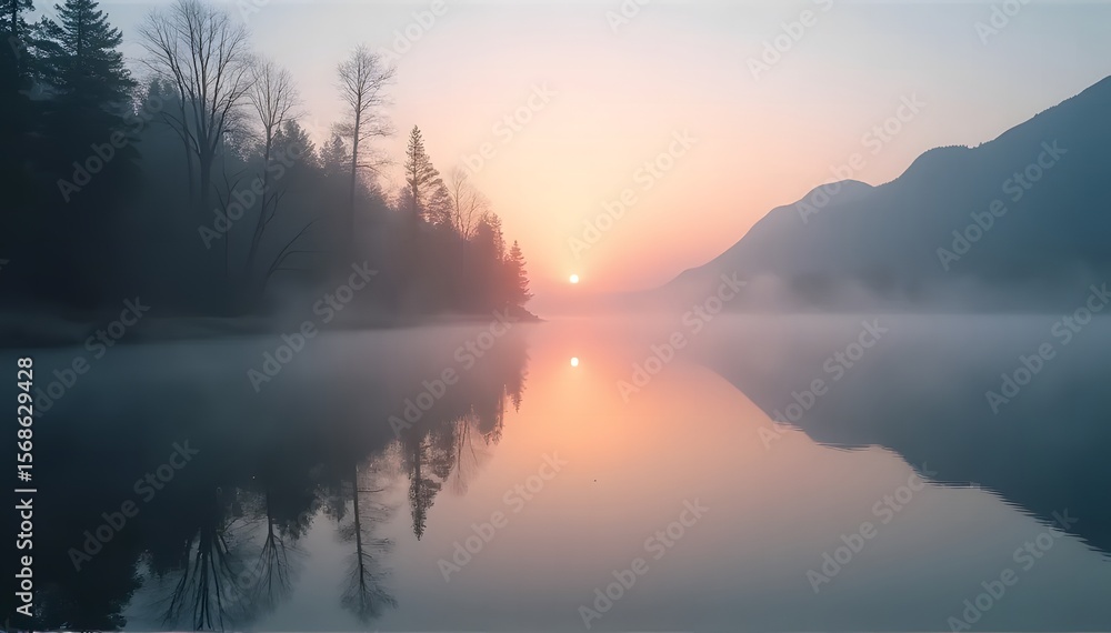 Fototapeta premium Tranquil lake sunrise between misty mountains