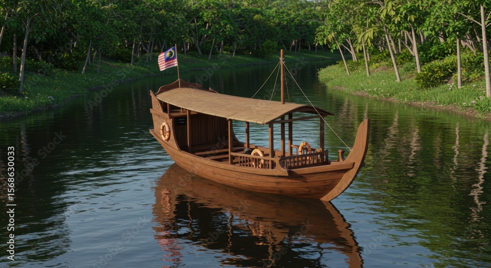 Obraz premium Serene Malaysian Boat Cruise on a Calm River, Lush Tropical Surroundings