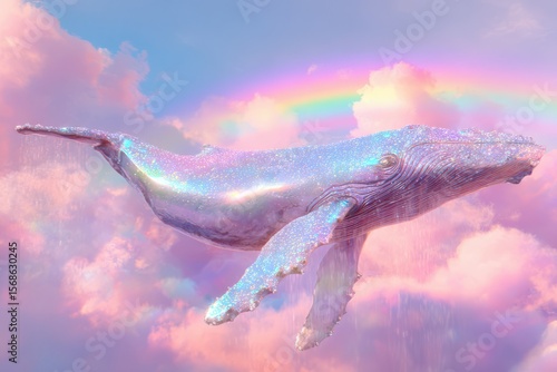 Holographic whale swimming in the sky, pastel rainbow colors, glittery and shiny, magical dreamlike atmosphere