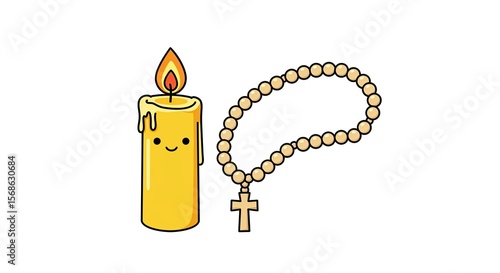 Cute Cartoon Candle With Rosary Beads Cross Isolated On White Background Religious Symbol