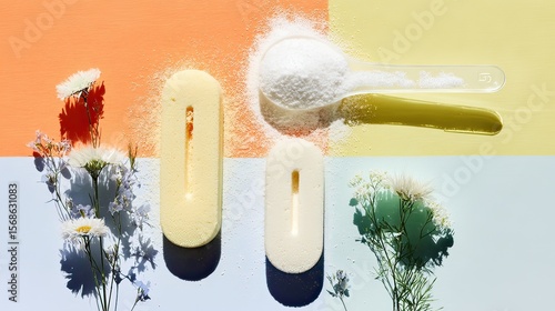 Collagen powder, bath bombs, flowers, pastel background, wellness
