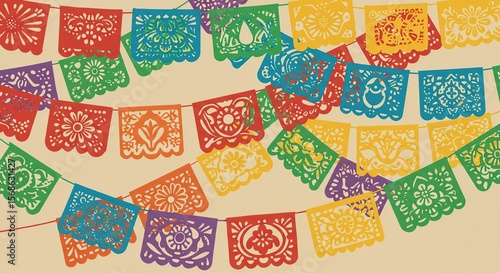 Colorful Mexican Papel Picado Bunting Flags Decoration Outdoor Celebration