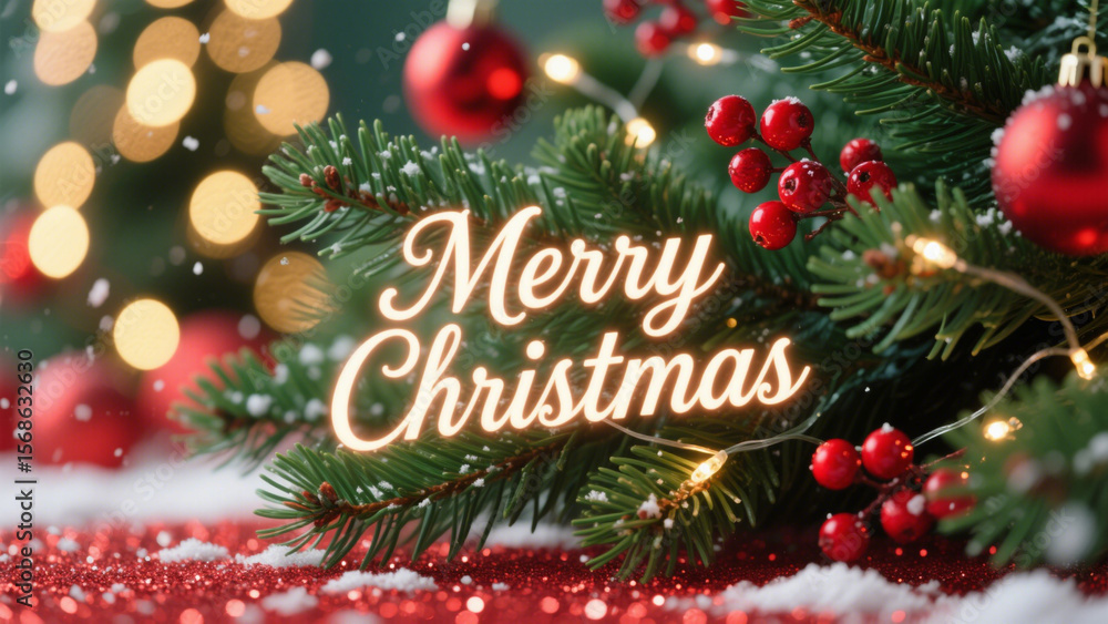 A festive Christmas scene with a beautifully decorated evergreen branch adorned with red berries and twinkling lights. Christmas, Christmas Tree, Merry Christmas, Christmas Background A festive Christmas scene with a beautifully decorated evergreen branch adorned with red berries and twinkling lights. Christmas, Christmas Tree, Merry Christmas, Christmas Background