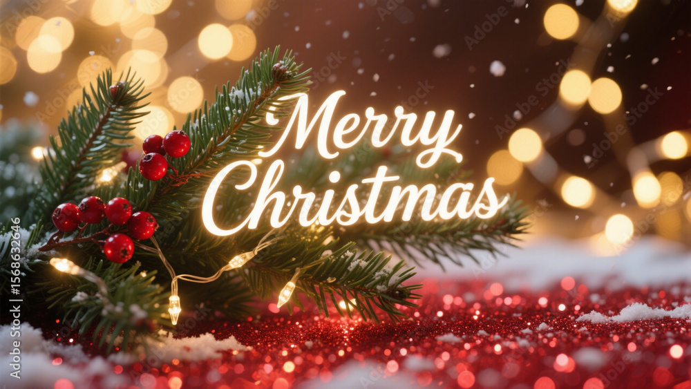 A festive Christmas scene with a beautifully decorated evergreen branch adorned with red berries and twinkling lights. Christmas, Christmas Tree, Merry Christmas, Christmas Background A festive Christmas scene with a beautifully decorated evergreen branch adorned with red berries and twinkling lights. Christmas, Christmas Tree, Merry Christmas, Christmas Background