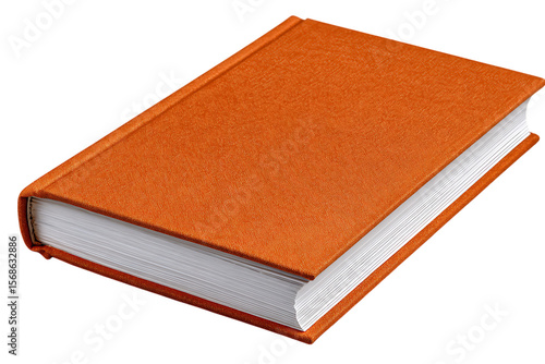 A single closed orange hardcover book with white pages isolated on transparent background