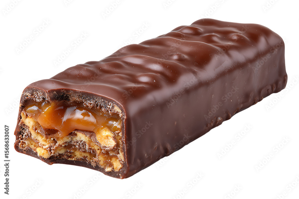 Delicious chocolate bar with caramel and biscuit filling isolated on transparent background Delicious chocolate bar with caramel and biscuit filling isolated on transparent background
