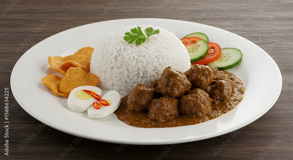 Beef Rendang with Rice, Traditional Indonesian Cuisine Beef Rendang with Rice, Traditional Indonesian Cuisine