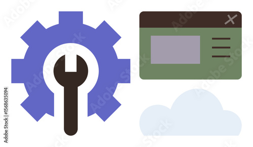 Gear with wrench, web window with inset details, and cloud element. Ideal for technology, development, software, configuration, cloud computing, IT solutions simple flat metaphor
