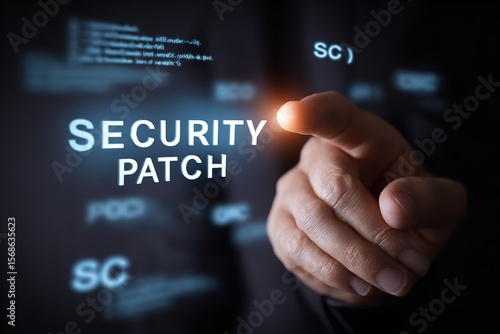 Finger touching security patch text on digital interface in cybersecurity setting