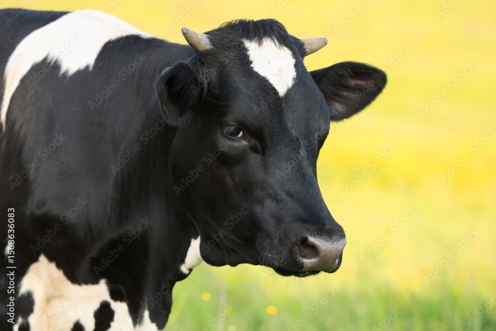 Beautiful cow grazing on green meadow, space for text. Farm animal Beautiful cow grazing on green meadow, space for text. Farm animal