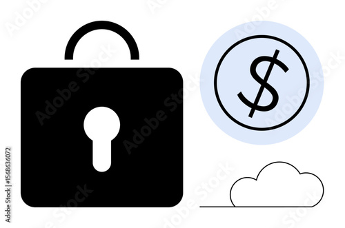 Lock symbol, currency sign, and cloud icon representing security in financial transactions and cloud storage. Ideal for finance, technology, security, savings, data protection, cloud services simple