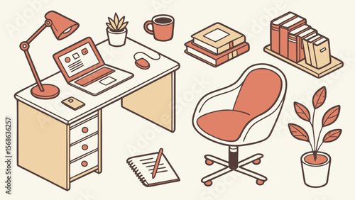 Work From Home Office Clip Art — Desk Setup, Laptop, Chair, Coffee, Plants, Books & Stationery in Cozy Minimal Styl
