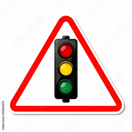 Retro-Modern Halftone Triangular Traffic Light Sign with Red Border, White Background, and Illuminated Red, Yellow, Green Lights